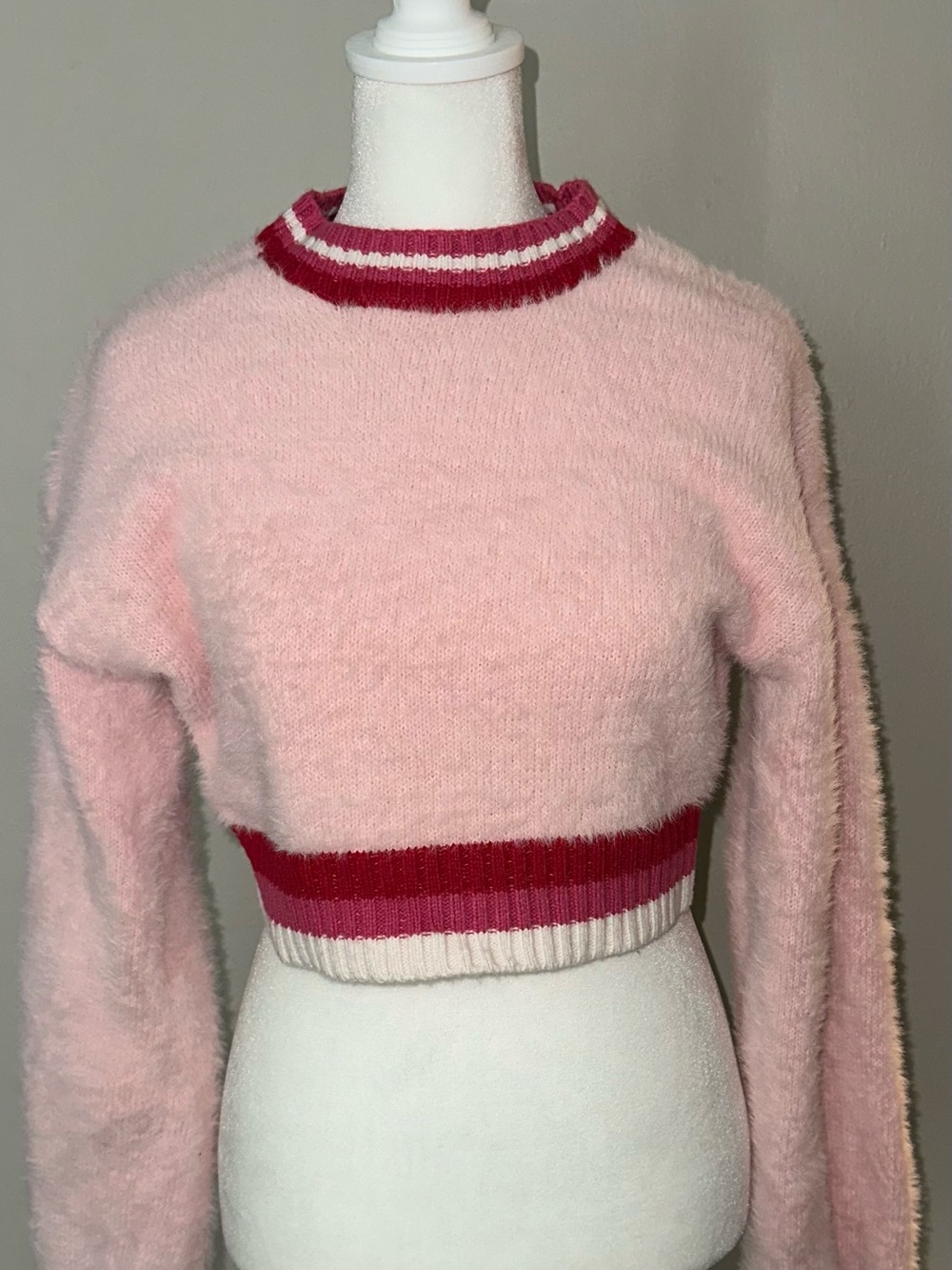 Forever 21 Pink Fuzzy Cropped Sweater with Red and White Trim